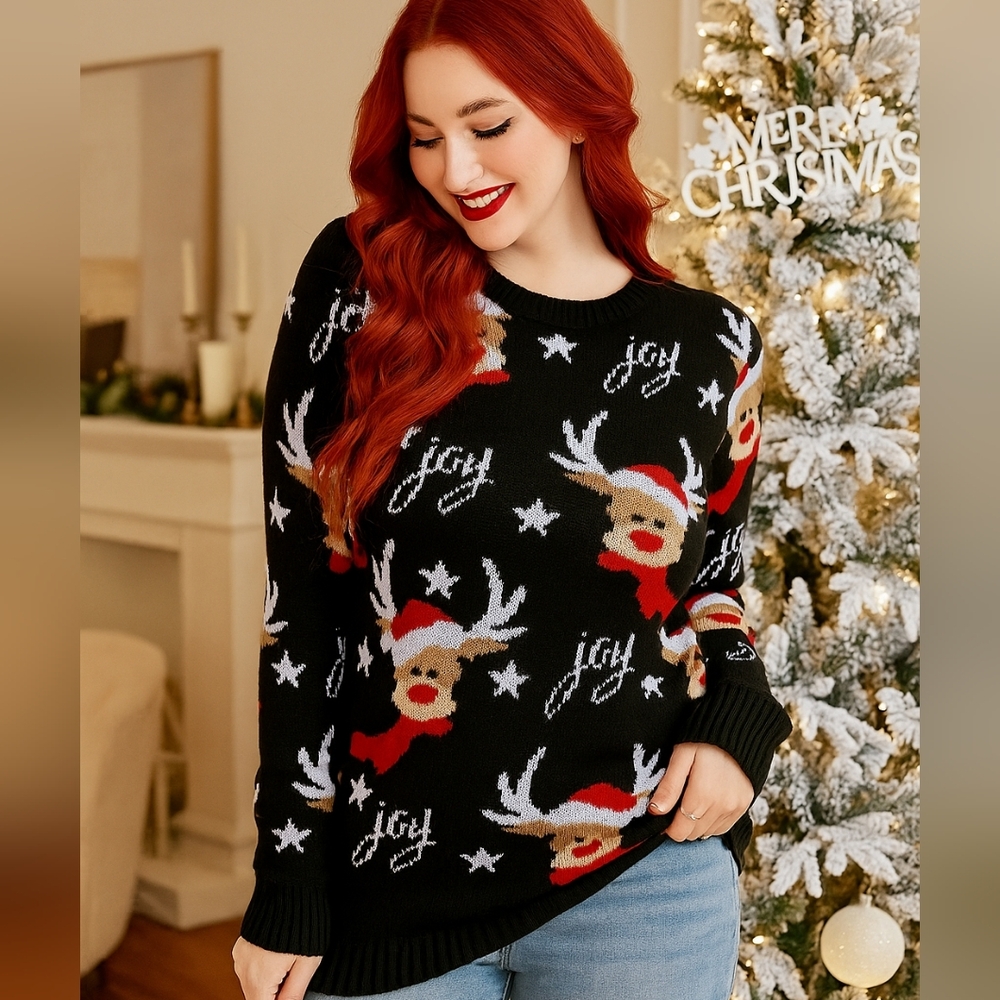 Knit Santa Reindeer Joy Round Neck Winter Holiday Classic Long Sleeve Sweater